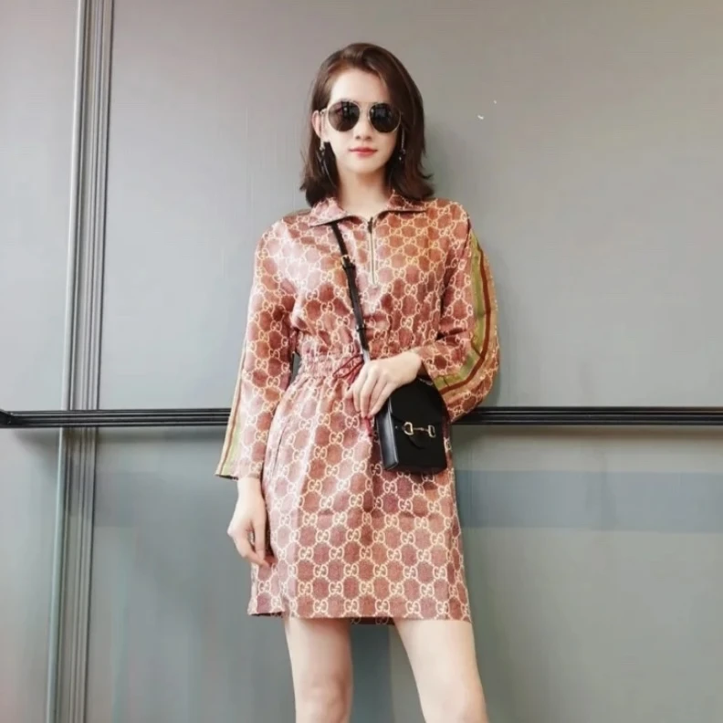 全新未使用 GUCCI/古驰 真丝女士满logo连衣裙