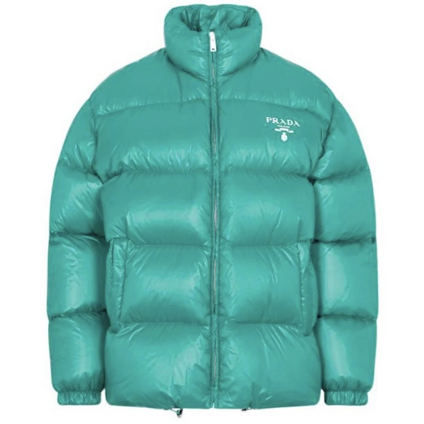全新未使用 Prada/普拉达 字母印花拉链宽松长袖立领绿色羽绒服