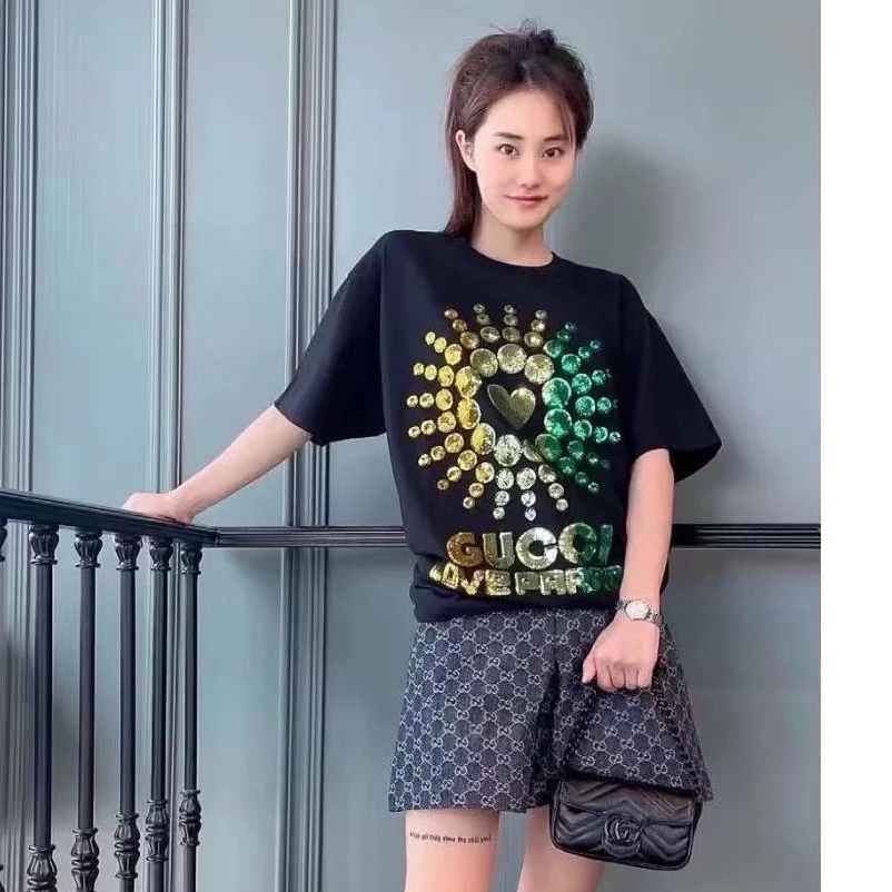 全新未使用 GUCCI/古驰 黑色珠片亮片太阳爱心短袖T恤