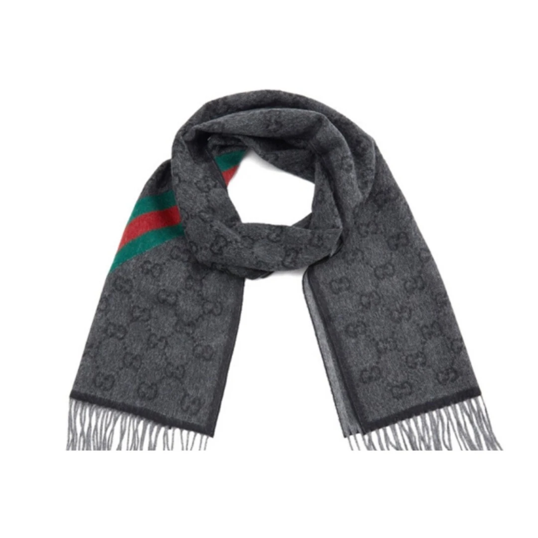 全新未使用 GUCCI/古驰 男女同款双G印花羊毛绒线围巾黑灰色