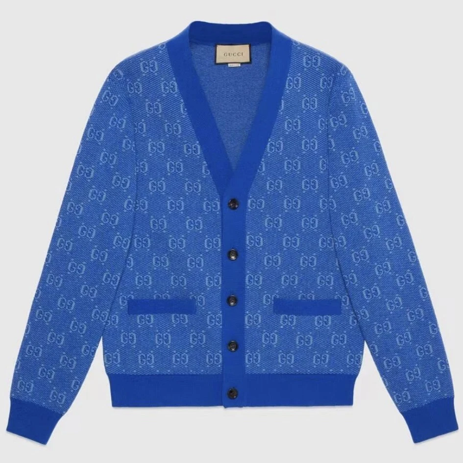 全新未使用 GUCCI/古驰 古驰双G满印图案蓝色开衫男女同款