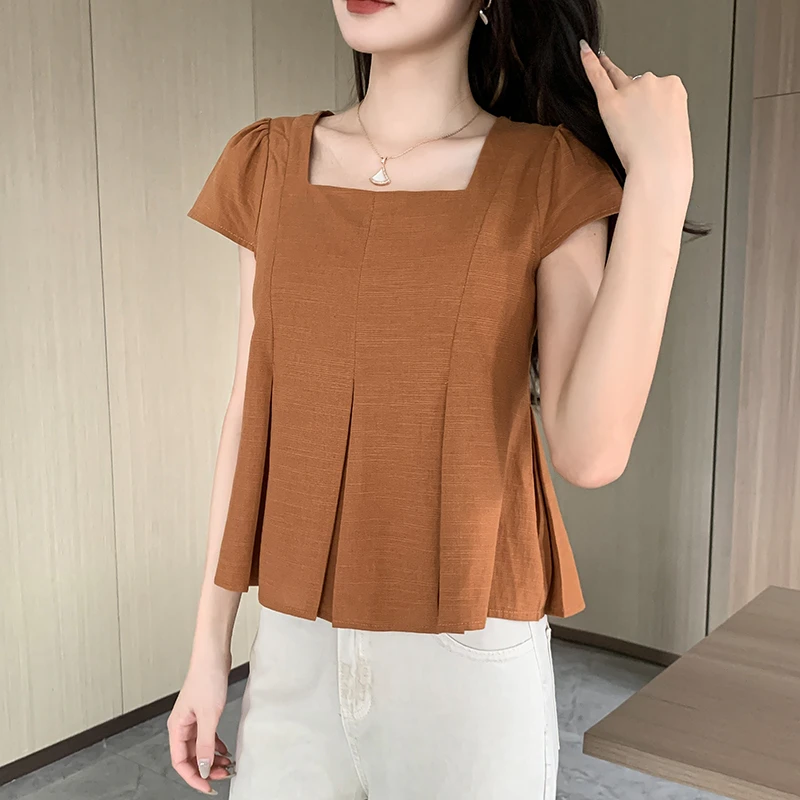 法式方领压褶短袖衬衫上衣女2025夏季新款设计感遮肉显瘦娃娃小衫