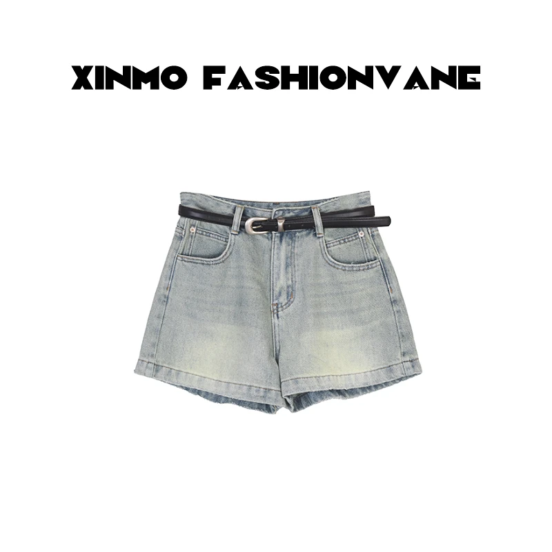 【XINMO】潮流显瘦腰带复古渐变水洗高腰牛仔短裤女C24032719