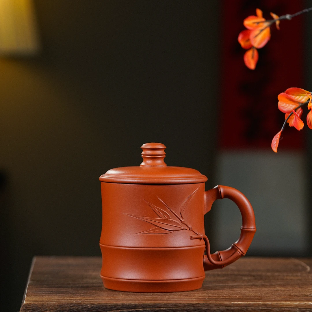 宜兴紫砂办公杯朱泥竹节盖杯280cc大容量竹节杯