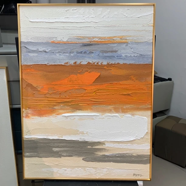 原创作品抽象沙岩油画《晨光中的湖水》斗柜玄关挂画