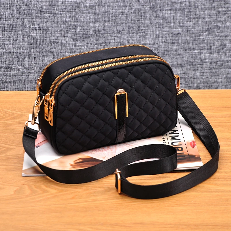 休闲斜挎款2024新款多层拉链包防水布格子包百搭时尚手提斜挎小包