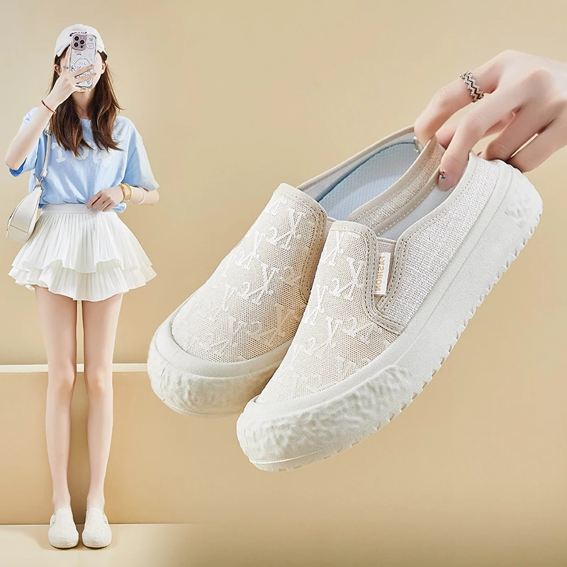 2024夏季新款半托帆布鞋ins潮女厚底增高板鞋休闲透气FB5502//C