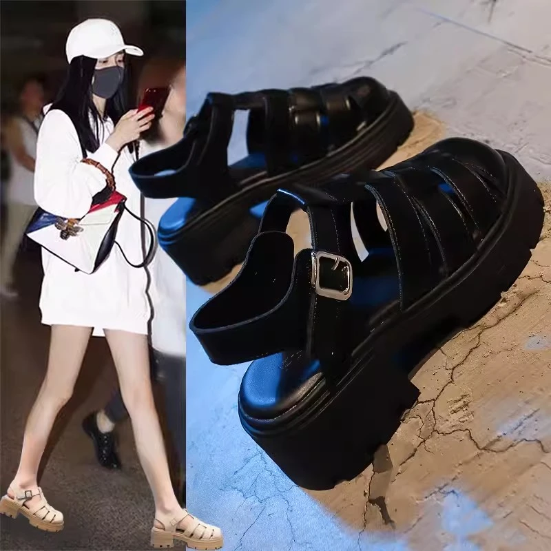 包头厚底罗马凉鞋女2024夏季新款法式镂空粗跟猪笼鞋子86-1//C