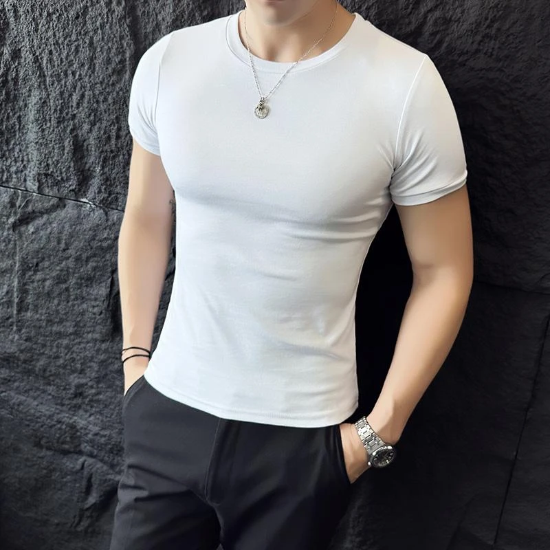 轻奢新款男士圆领短袖T恤修身半袖打底衫纯色高端爆款紧身透气T恤