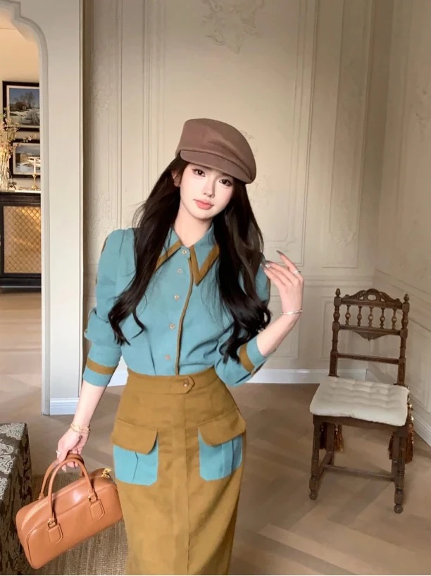 港风复古撞色翻领衬衫女2025年新款修身显瘦上衣