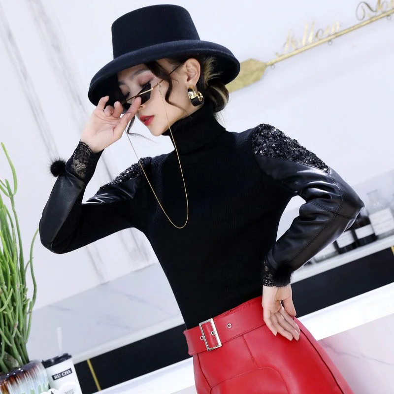 2024新款羊皮打底针织毛衣蕾丝长袖显瘦