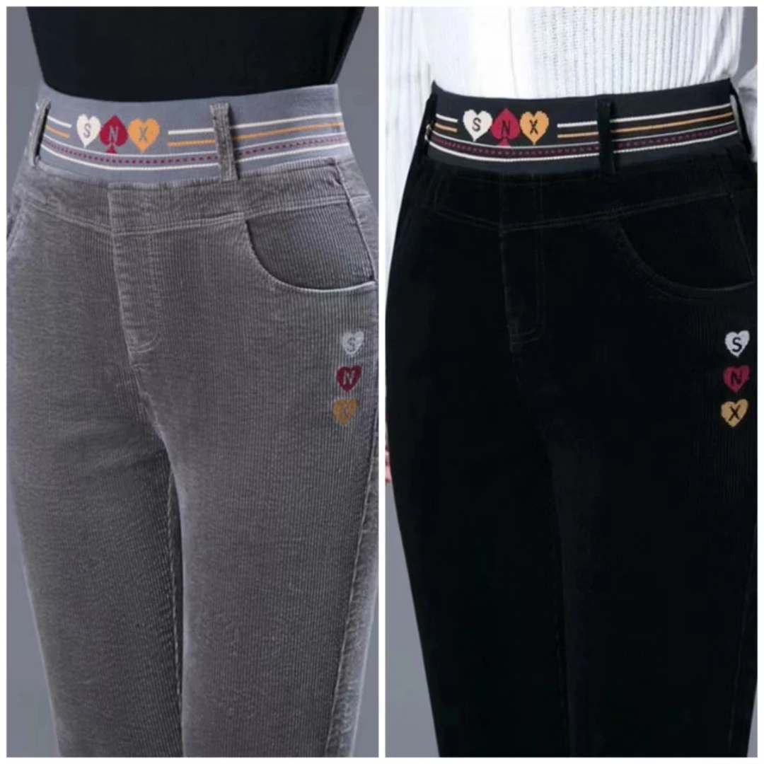 灯芯绒加绒加厚裤子女秋冬季新款中老年大码妈妈高腰弹力直筒裤女