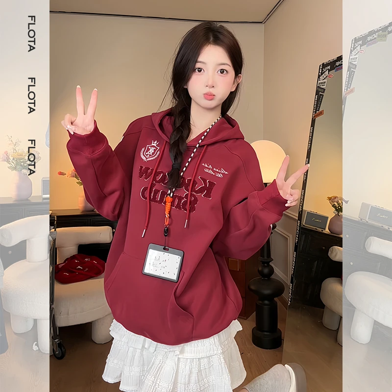 【flota】酒红显白美式字母植绒连帽卫衣宽松情侣款潮流百搭0011