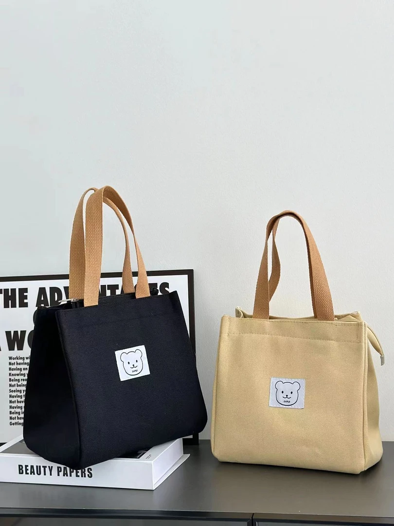 加厚帆布纯色手提袋日式便当包妈咪上班族外出带饭简约拎包饭盒