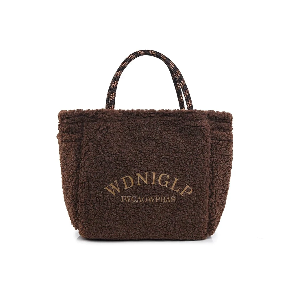 优彩2025新款羊羔绒手提包少女韩系潮款百搭可爱通勤包敞口包