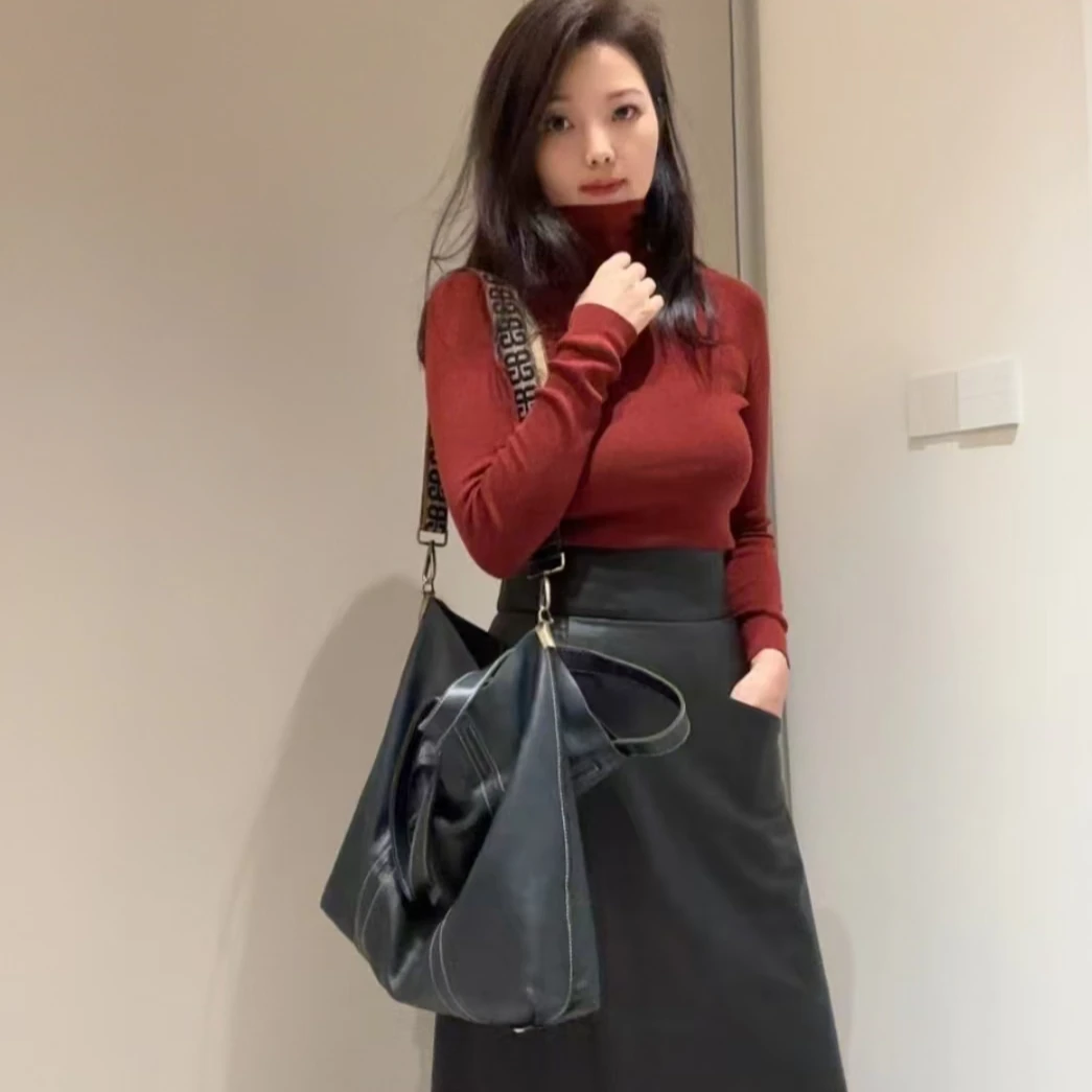 4029#真皮包臀裙2024秋新款显瘦过膝半身裙开叉高腰真皮皮裙女