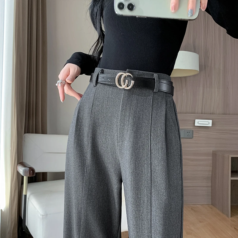 天丝绵羊毛阔腿裤女春秋高腰垂感拖地宽松休闲长裤窄版灰色西裤