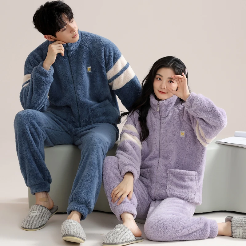 思思姐家居服秋冬新款法兰绒女睡衣珊瑚绒情侣睡衣男冬款加绒加厚