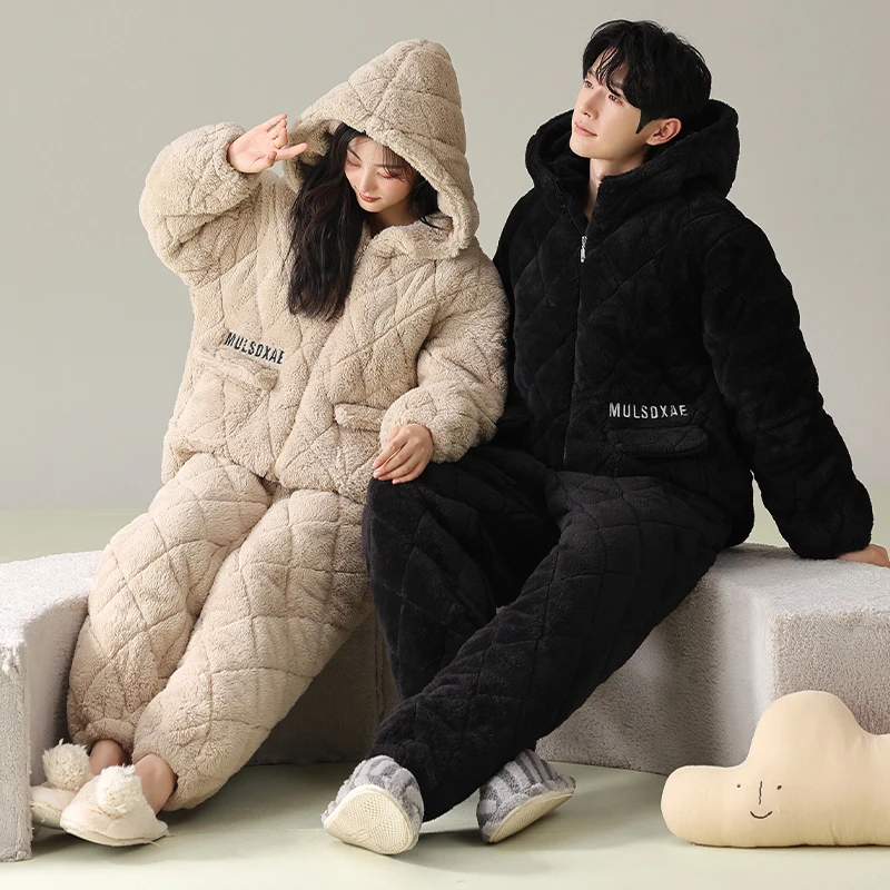 爆款情侣睡衣女冬款加绒家居服三层夹棉保暖男士贵妃绒大码男睡衣
