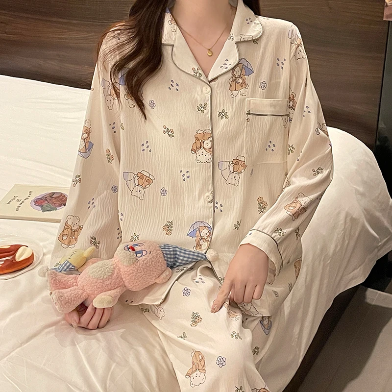 长袖长裤睡衣女套装春秋季2024新款云朵棉甜美卡通开衫翻领家居服