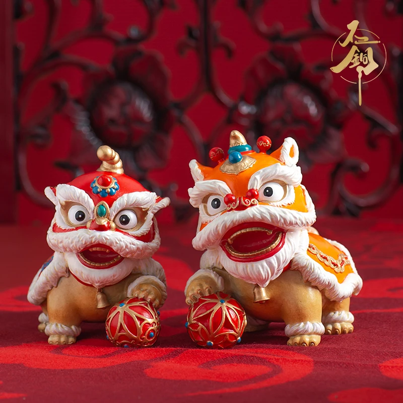 不铜【狮子一对】黄铜醒狮摆件工艺品茶室摆件家居客厅装饰品桌面