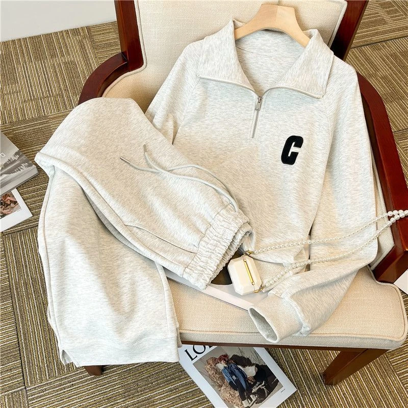 2-300斤大码polo领休闲运动套装女春秋宽松洋气时尚卫衣两件套潮