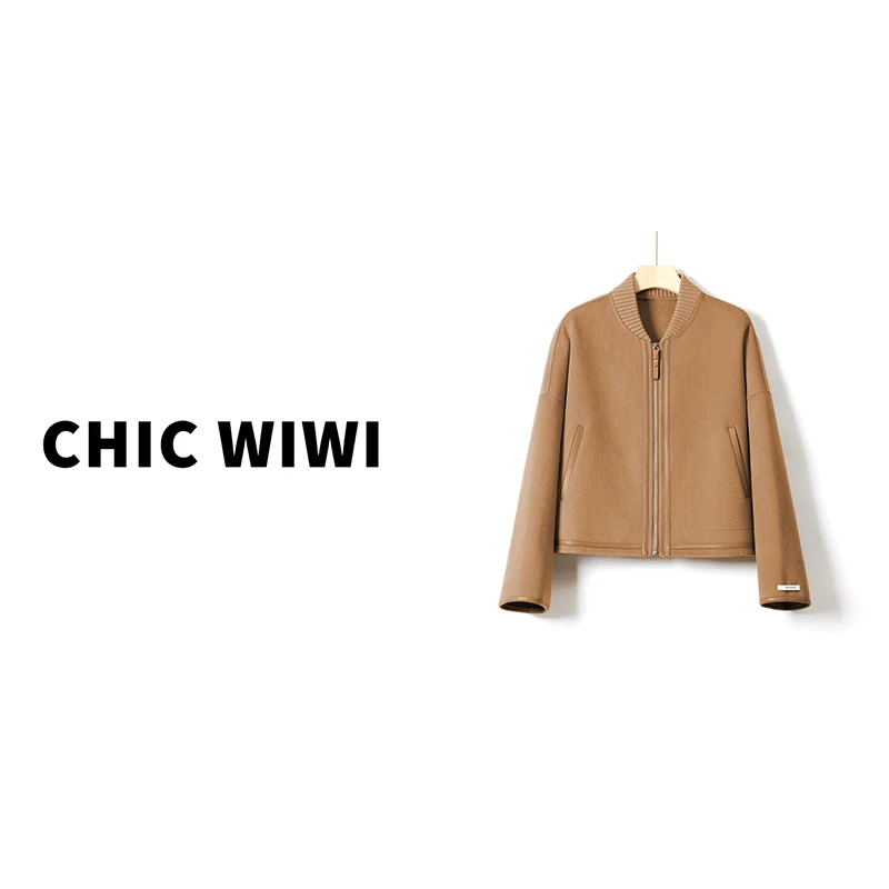 CHIC WIWI 羊毛羊绒双面呢立领短款夹克纯色毛呢外套 DY017103