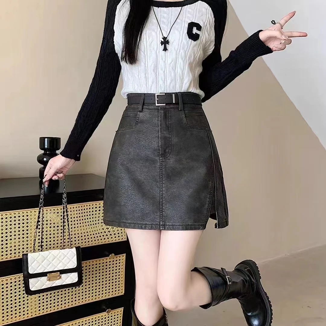 美式复古咖色皮裙开叉半身裙女秋冬美拉德裙子高腰显瘦a字短裙潮