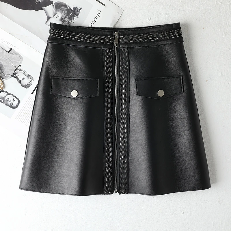 新款A字显瘦高腰时尚绵羊皮裙春秋洋气百搭女士真皮镶钻包裙裙子