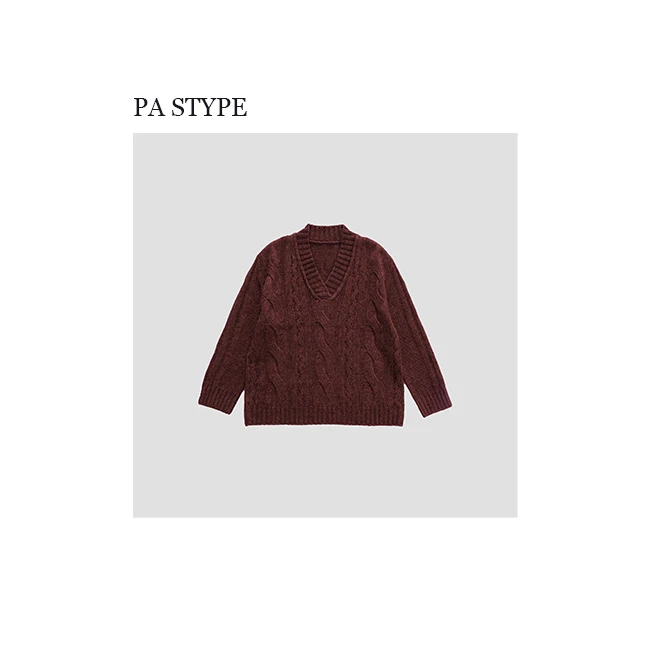 【午后奶茶】羊毛混纺夹花宽松时尚百搭V领粗棒针套头衫毛衣 8011