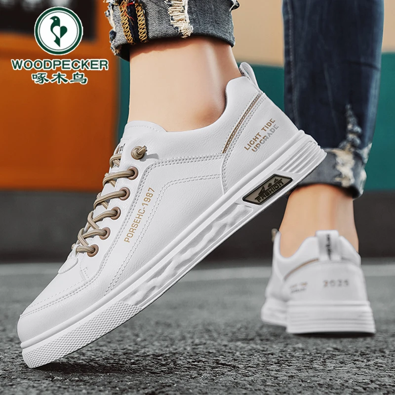 啄木鸟官方正版男鞋夏季皮面防水运动休闲鞋青少年一脚蹬百搭板鞋