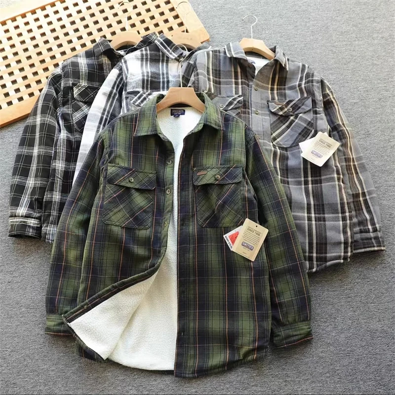 男士加绒加厚格子衬衫外套男款时尚百搭复古保暖翻领夹克GZ1117