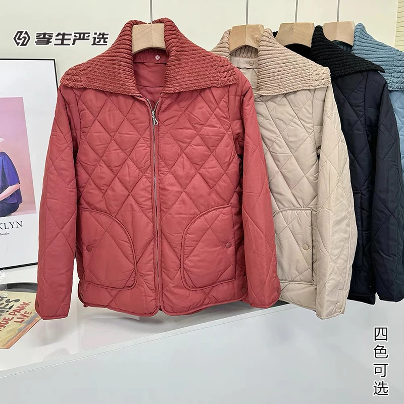 秋冬女士休闲针织拼接翻领长袖棉服女款复古菱形绗缝压格棉衣L176