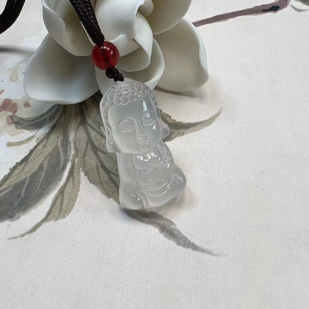 【手镯之星】天然高冰种白色玛瑙玉髓宝宝佛挂件吊坠冰透玉坠女项链