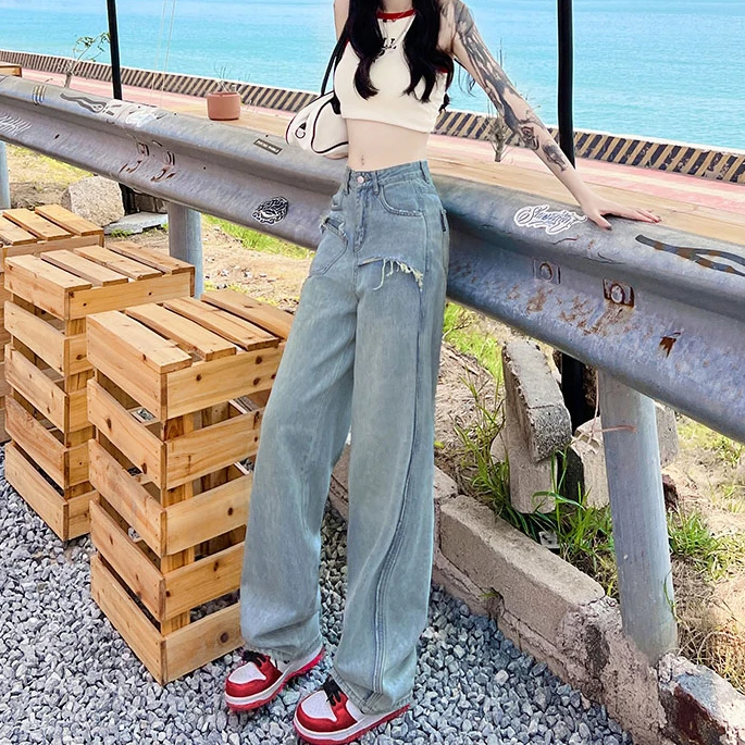 美式复古牛仔裤女夏季薄款2023新款高腰垂感宽松阔腿百搭直筒裤子
