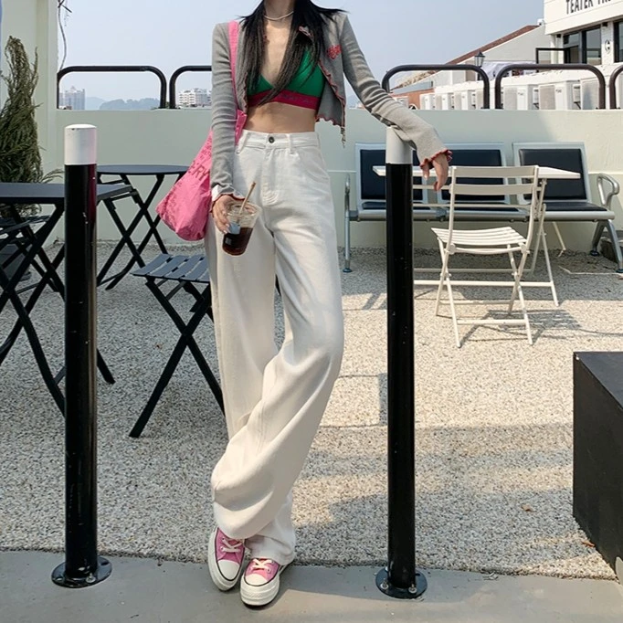 直筒牛仔裤女夏薄款2023新款白色高腰小个子宽松百搭拖地阔腿裤子
