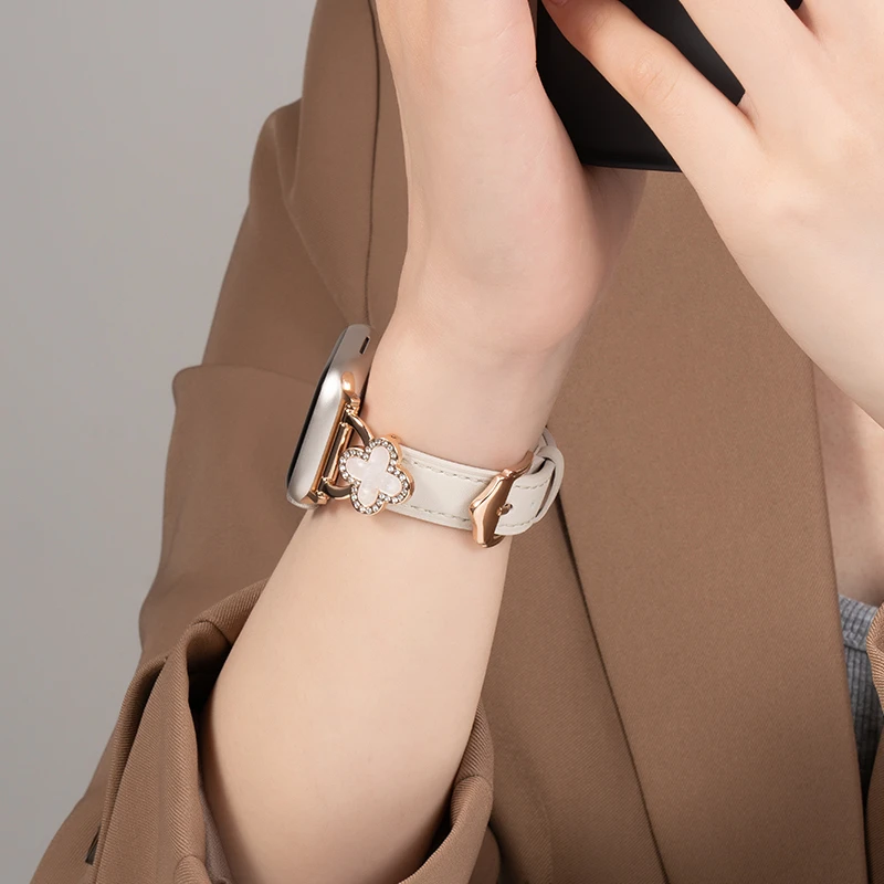 适用iwatch9苹果s10手表applewatch8/se创意四叶草表带真皮高级感