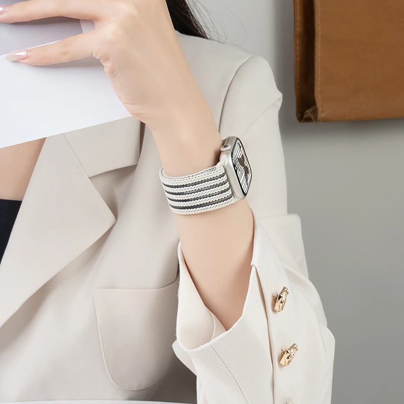 适用iwatch9苹果S10手表applewatch8尼龙编织7透气表带运动星光色