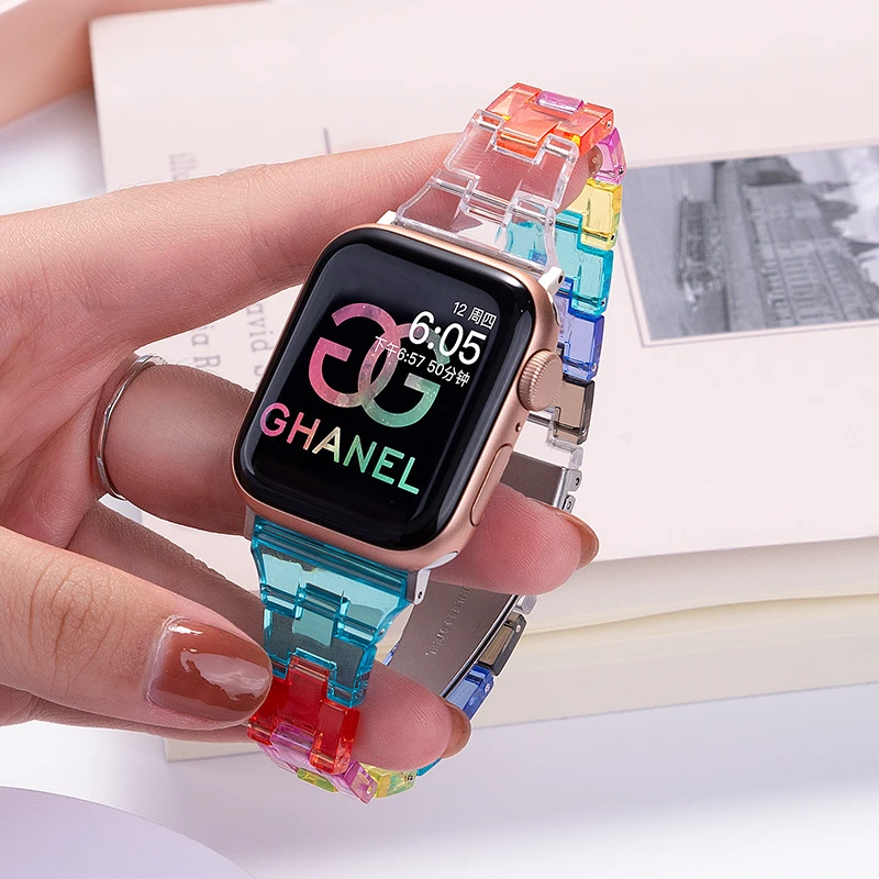 适用iwatch7苹果S8手表applewatch8表带S9彩虹S7树脂智能S8女9夏