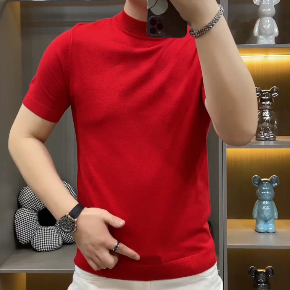 9910男士半高领打底衫欧货时尚修身潮流长袖针织衫短袖T恤网红