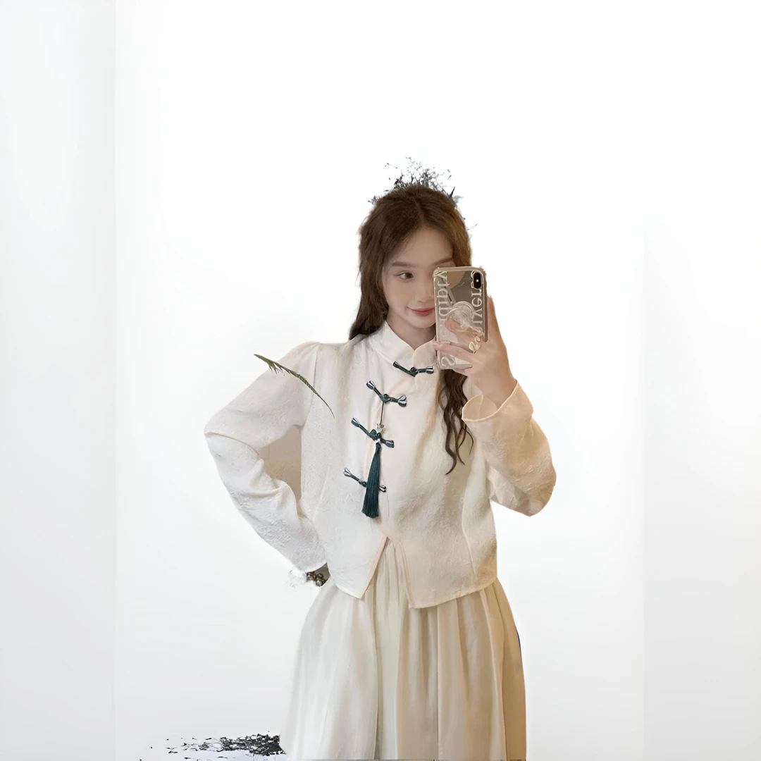 复古盘扣挂链开叉减龄长袖衬衫女装早秋2023新款气质衬衣新中式