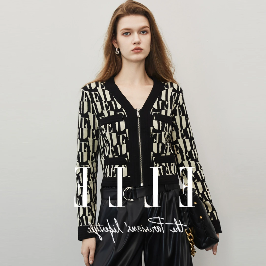 欧洲站女装2023秋季新款法式高级感黑白印花毛衣开衫通勤毛针织衫