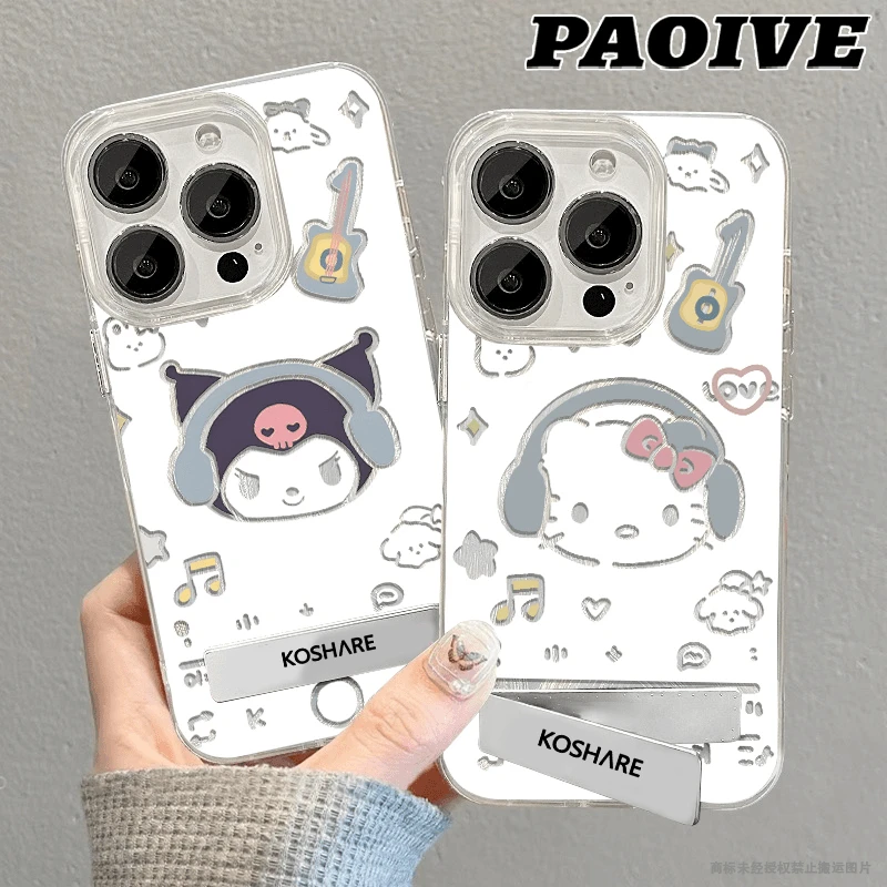 带耳机库洛米适用华为OPPO荣耀VIVO小米苹果13手机壳15支架14镭射