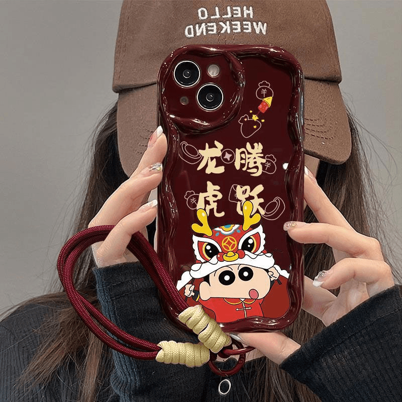 龙腾虎跃舞狮小新适用华为oppo荣耀vivo苹果13手机壳14酒红15挂绳