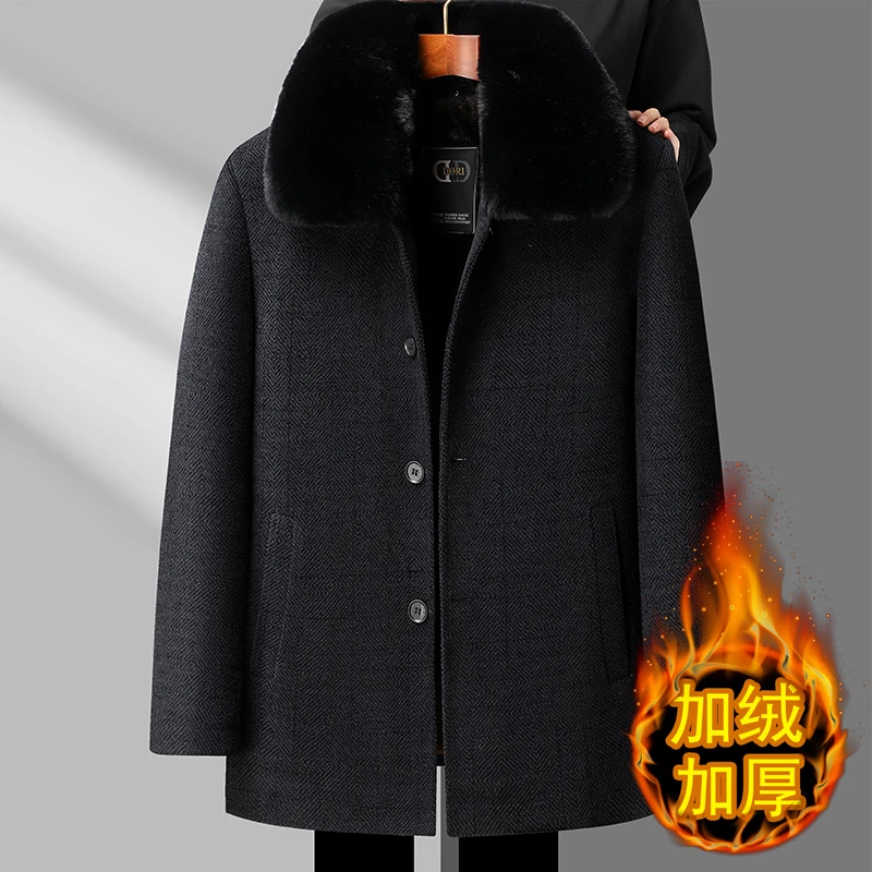 冬季男士毛呢外套中老年加绒加厚中长款雪尼尔保暖呢子大衣爸爸装