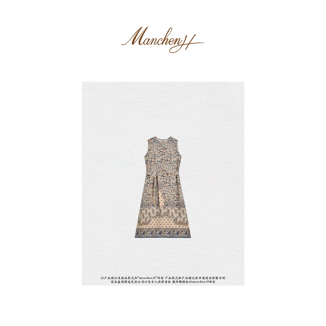 H姐曼辰“高定LP生命之树”重磅桑蚕丝定位印花气质连衣裙