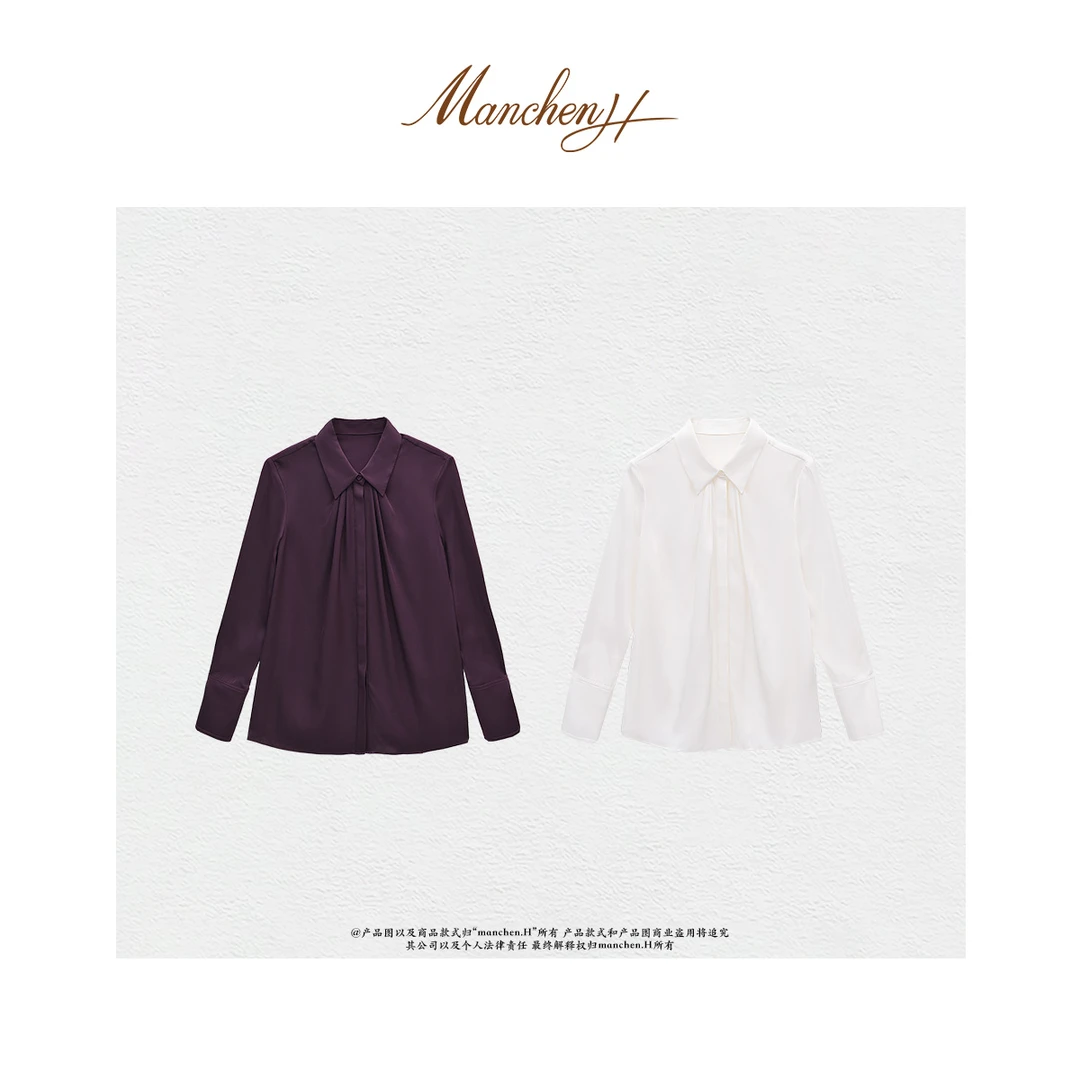 曼辰manchenh“优雅之上”客订面料重工手工褶领口桑蚕丝衬衫