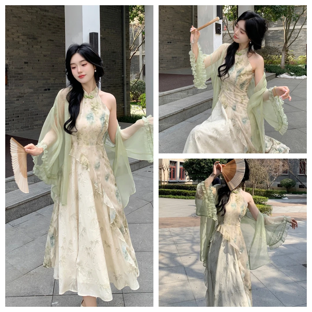 今年流行套装女装爆款新中式国风印花拼接不规则挂脖旗袍裙夏反季