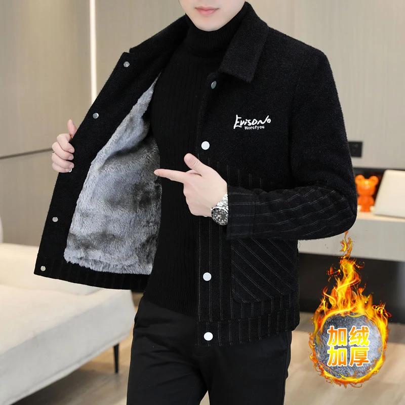 男士加绒加厚毛呢外套秋冬季休闲潮流翻领呢子夹克修身男装上衣服