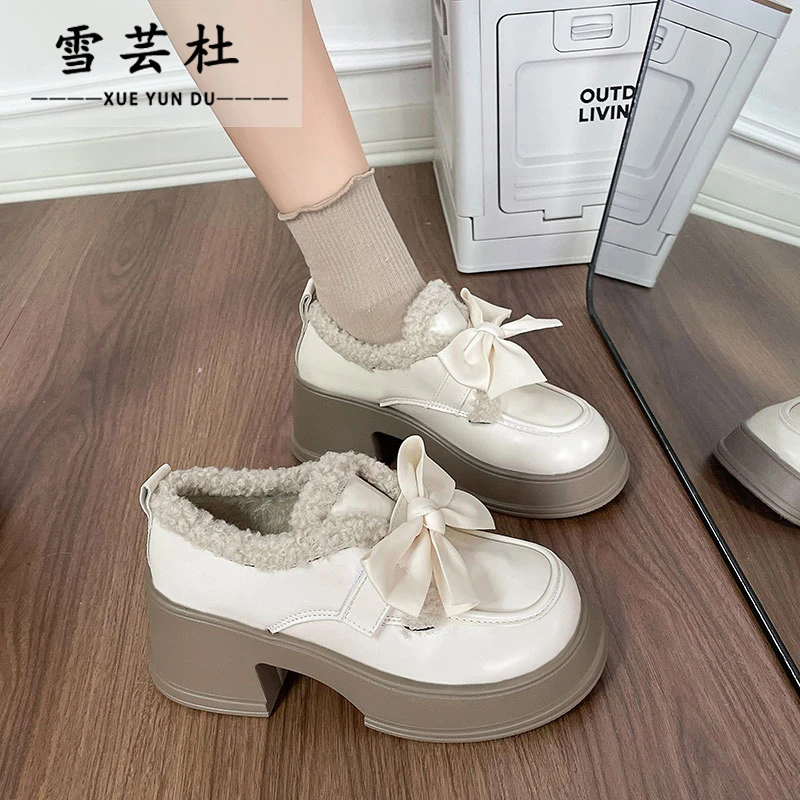 百搭秋冬女加绒2024新款百搭毛毛鞋外穿厚底粗跟玛丽珍小皮鞋潮